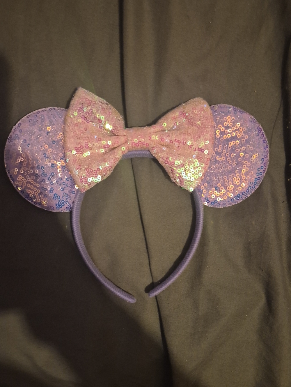 Sequin Minnie Ear Headband with Pink Bow - Purple Sparkle Hair Accessory